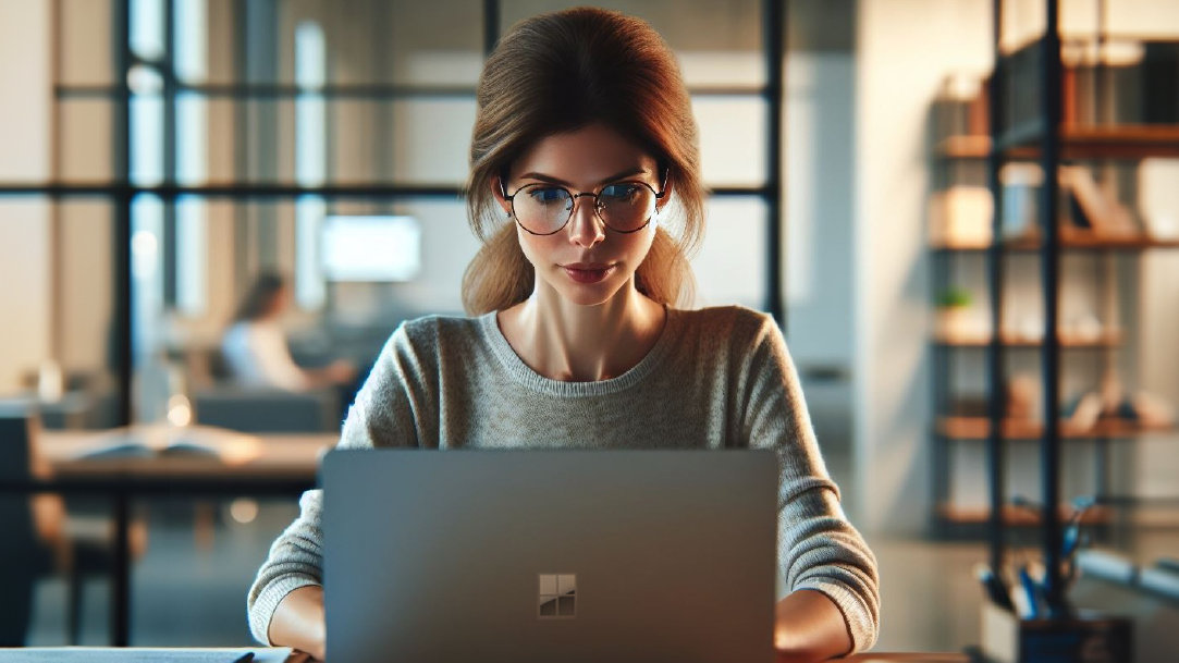 Image of a woman with brown hair and glasses sitting at a desk looking at a laptop computer