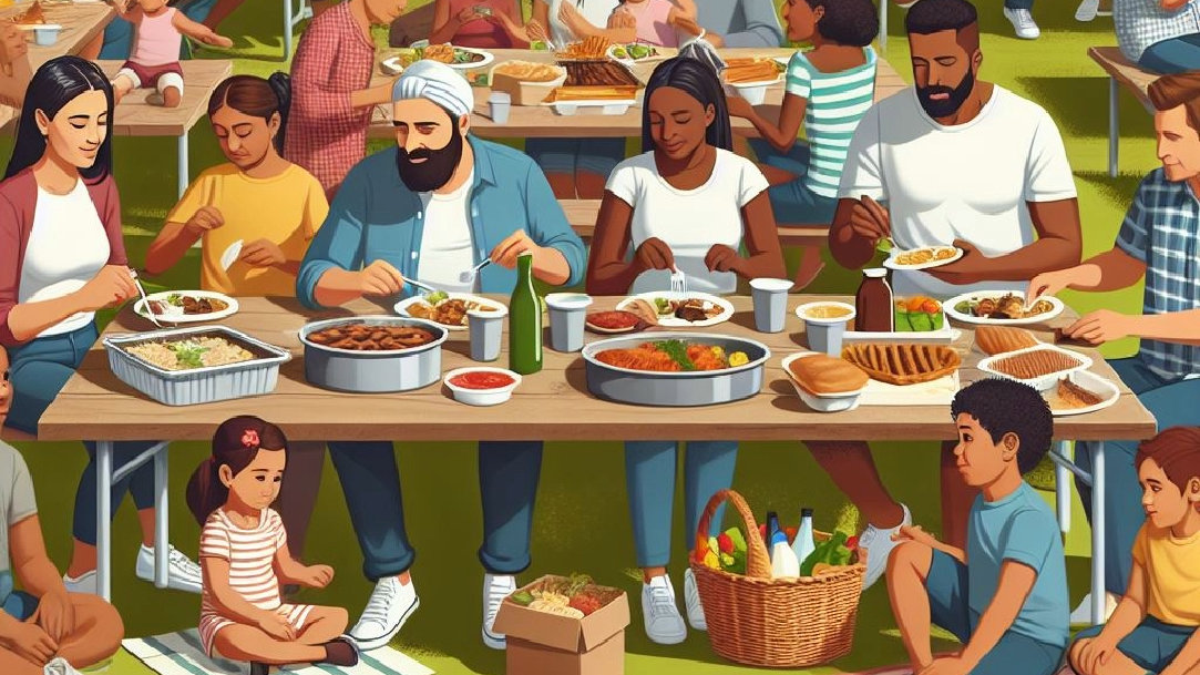 Image of families eating together at a potluck