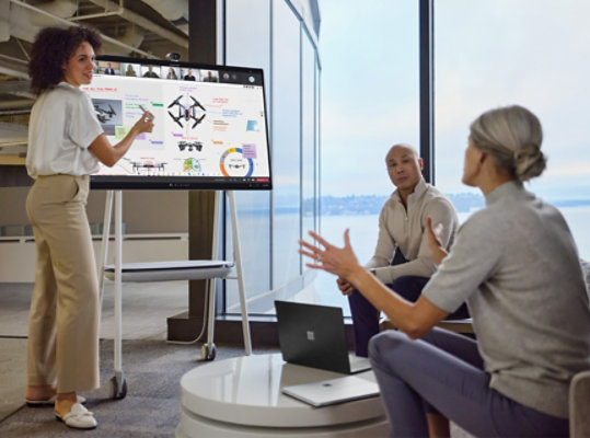 Mitarbeitende vor Ort interagieren mit einer PowerPoint-Präsentation in Teams, während entfernte Mitarbeitende die Präsentation verfolgen