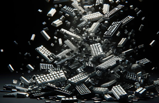 Keyboards and keys falling against a black background