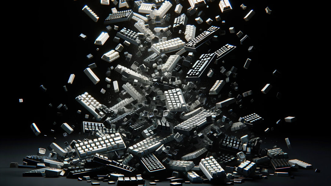 Keyboards and keys falling against a black background