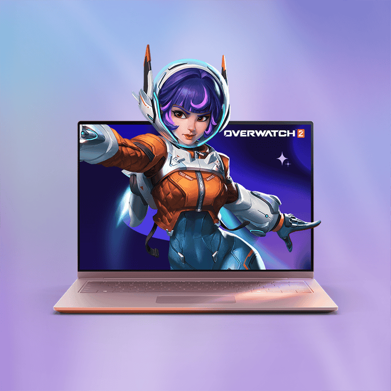 Open laptop with an overwatch video game character emerging from the screen with a light purple background
