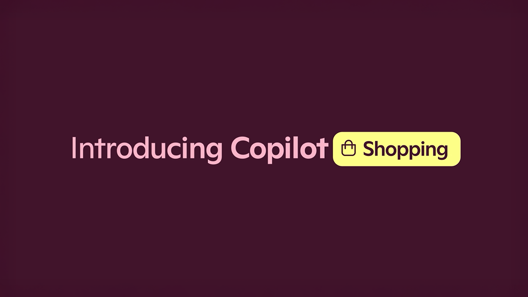 Light text of “Introducing Copilot Shopping” on a dark berry background