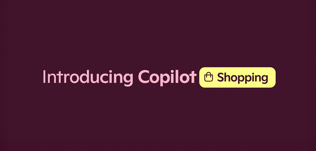 Light text of “Introducing Copilot Shopping” on a dark berry background