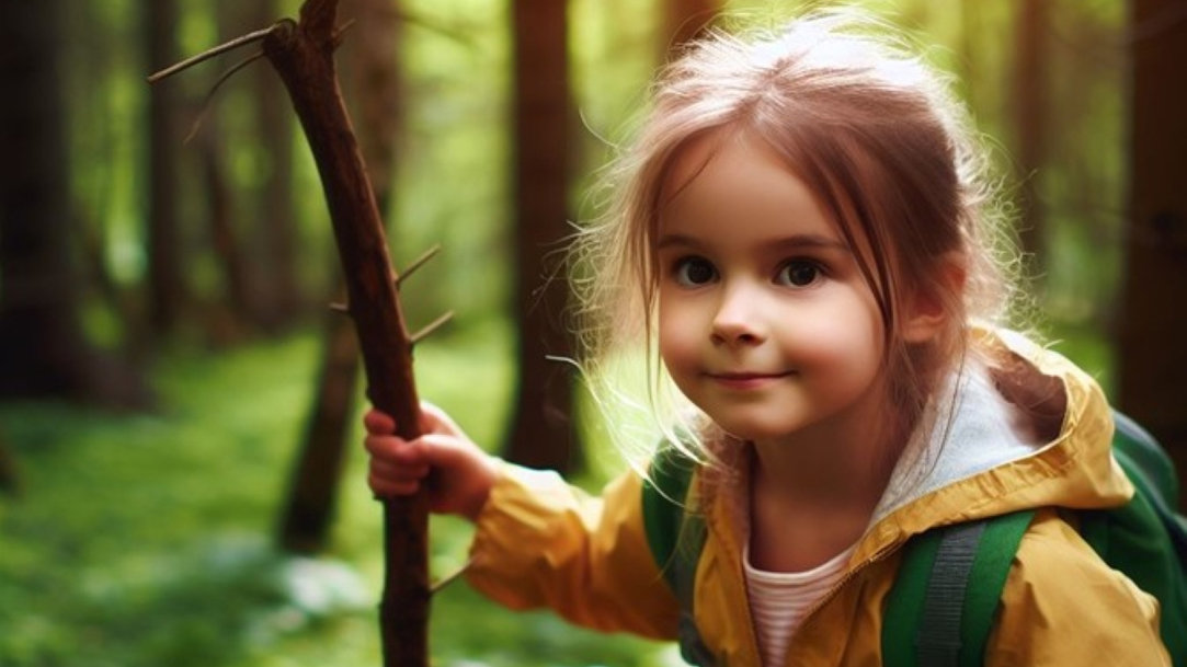 Little girl in a parka with a backpack and walking stick in sunlit woods