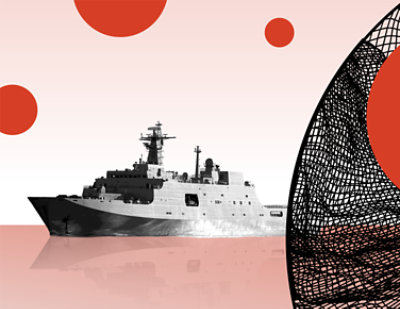Abstract illustration of a naval ship with graphic red circles and black mesh elements against a pink background.