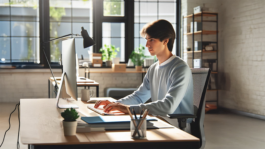 Man at a desk in an office looking at his computer