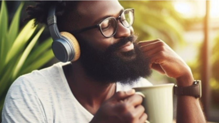 Man listening to music wearing headphones, and holding a cup of coffee