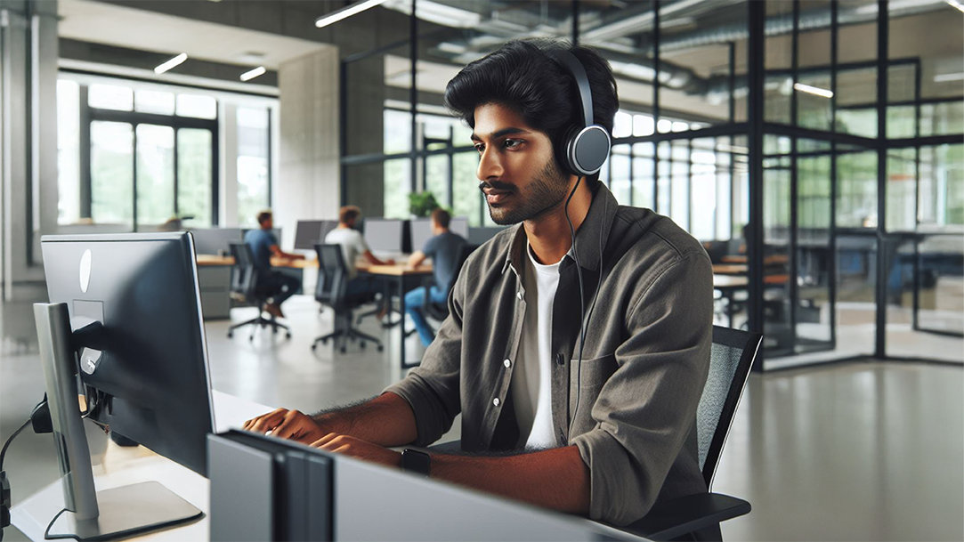 Man on a computer while listening to headphones