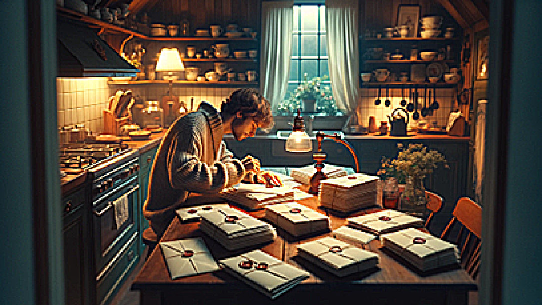 Man packaging invitations in his kitchen