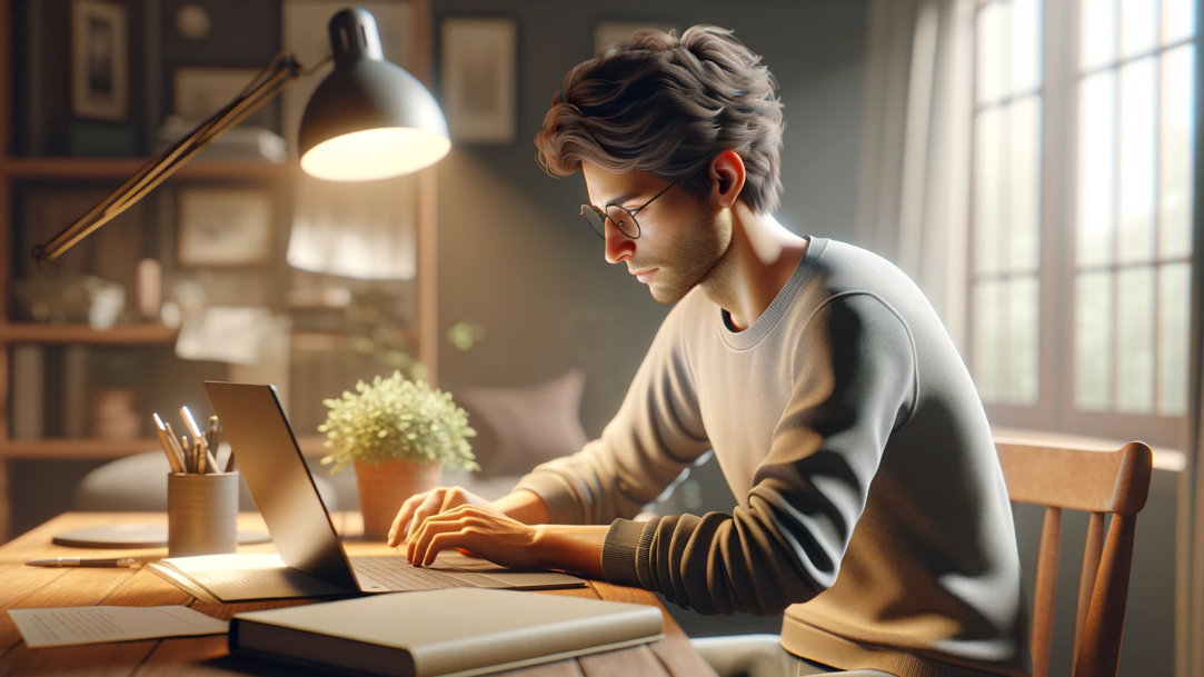 Man sitting at a table typing on a laptop