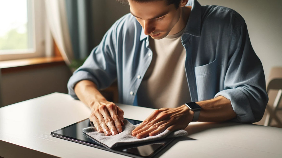 Man wiping down a tablet screen