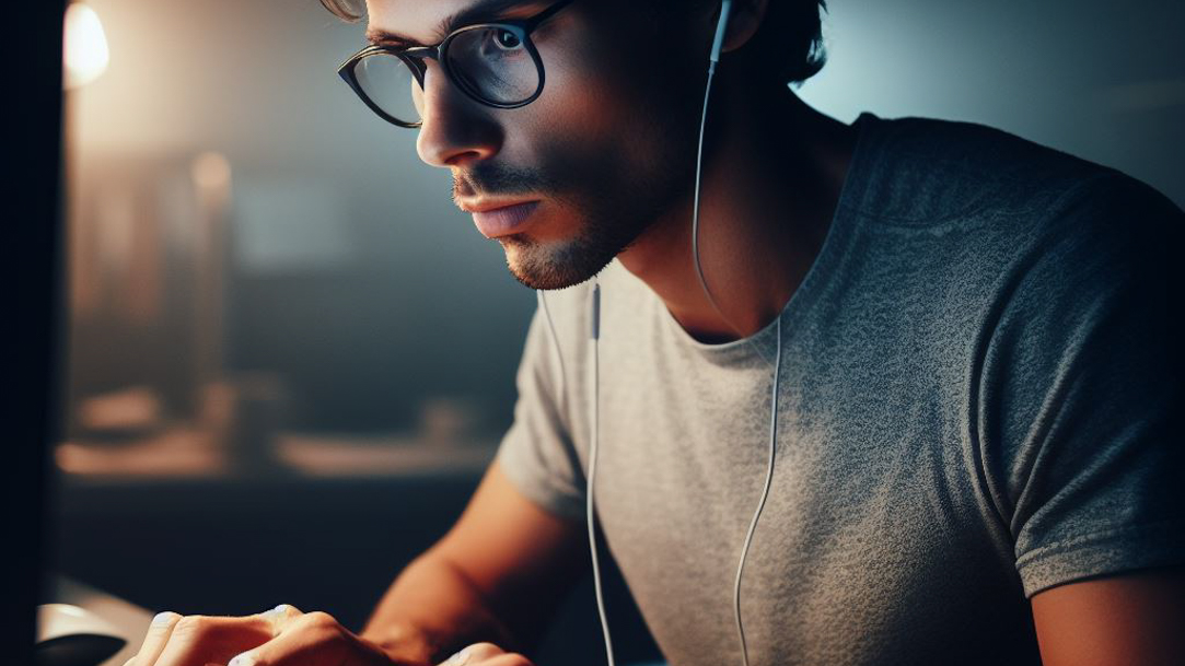 Man with glasses typing in computer