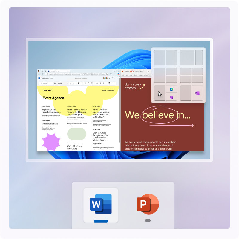Un documento Word e un file PowerPoint aperti sullo schermo di un computer con una griglia di Affiancamento guidato nell'angolo superiore destro e le icone ingrandite di Word e PowerPoint nella parte inferiore su uno sfondo violetto sfumato