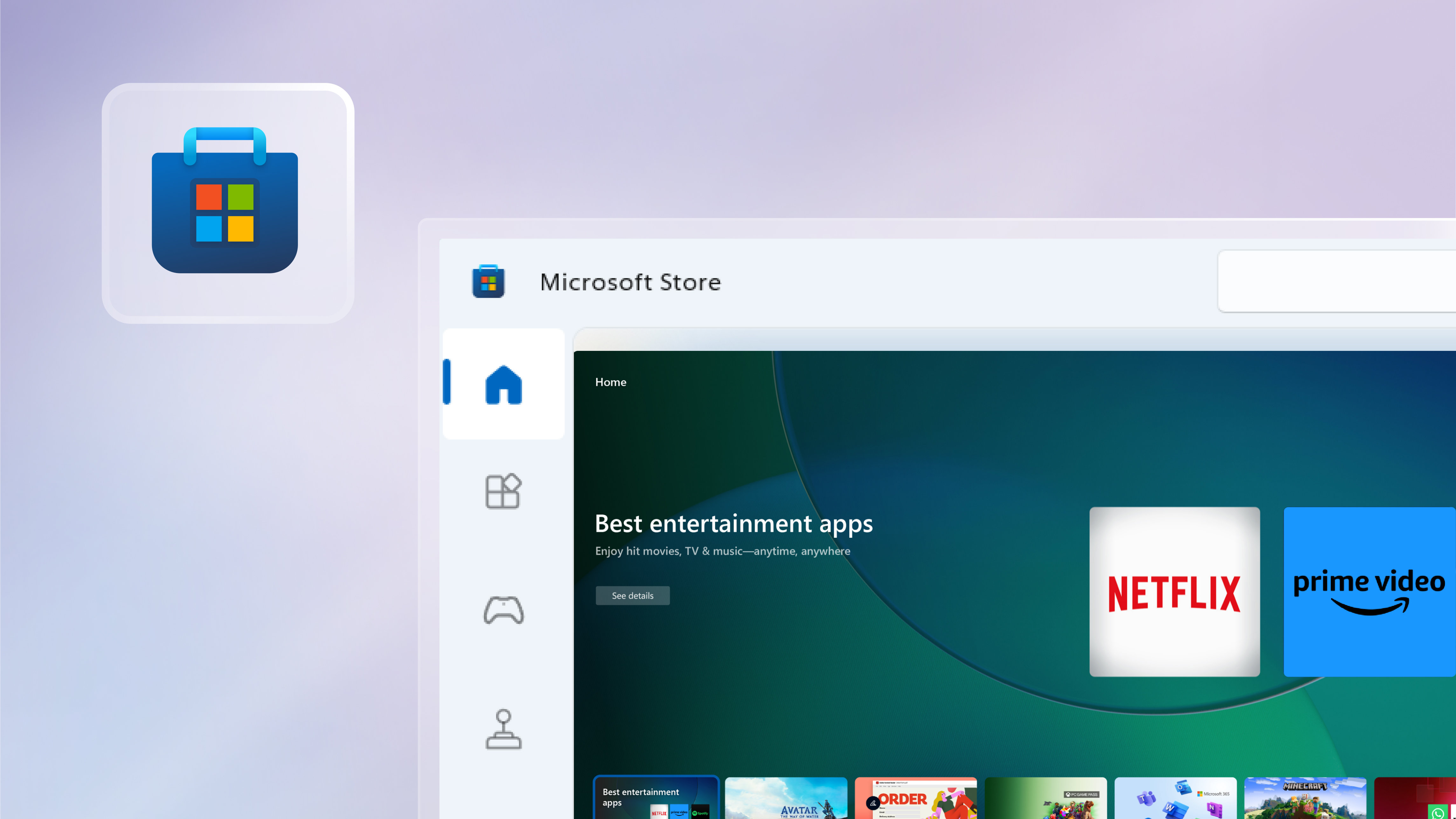 La finestra di Microsoft Store aperta su uno sfondo viola sfumato