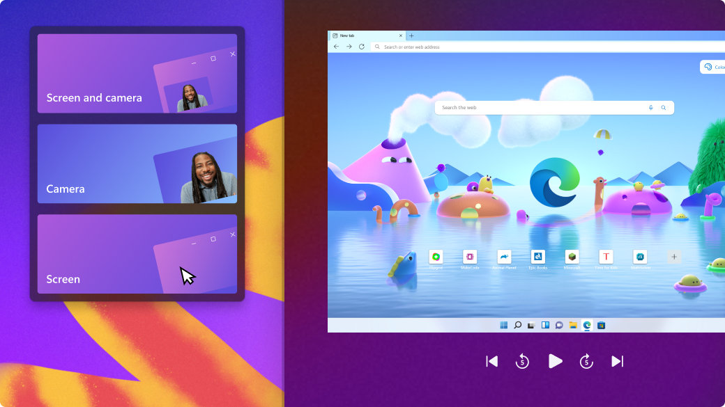 Écran du mode enfants de Microsoft Edge avec des options d’écran et de caméra