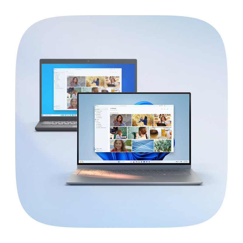 Two Microsoft laptops open, displaying the same Photos app, one with the Windows 10 screen and one with the Windows 11 blue bloom screen