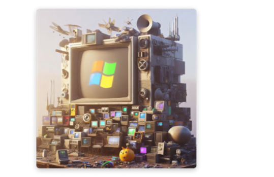 Microsoft logo on a retro TV in a wall of electronics