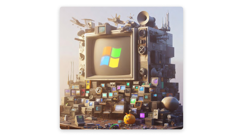 Microsoft logo on a retro TV in a wall of electronics