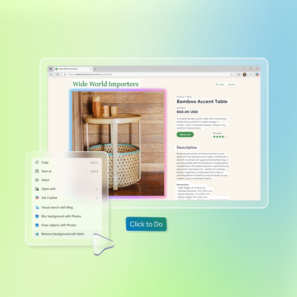 A website product page showing a table with a basket and description of the item