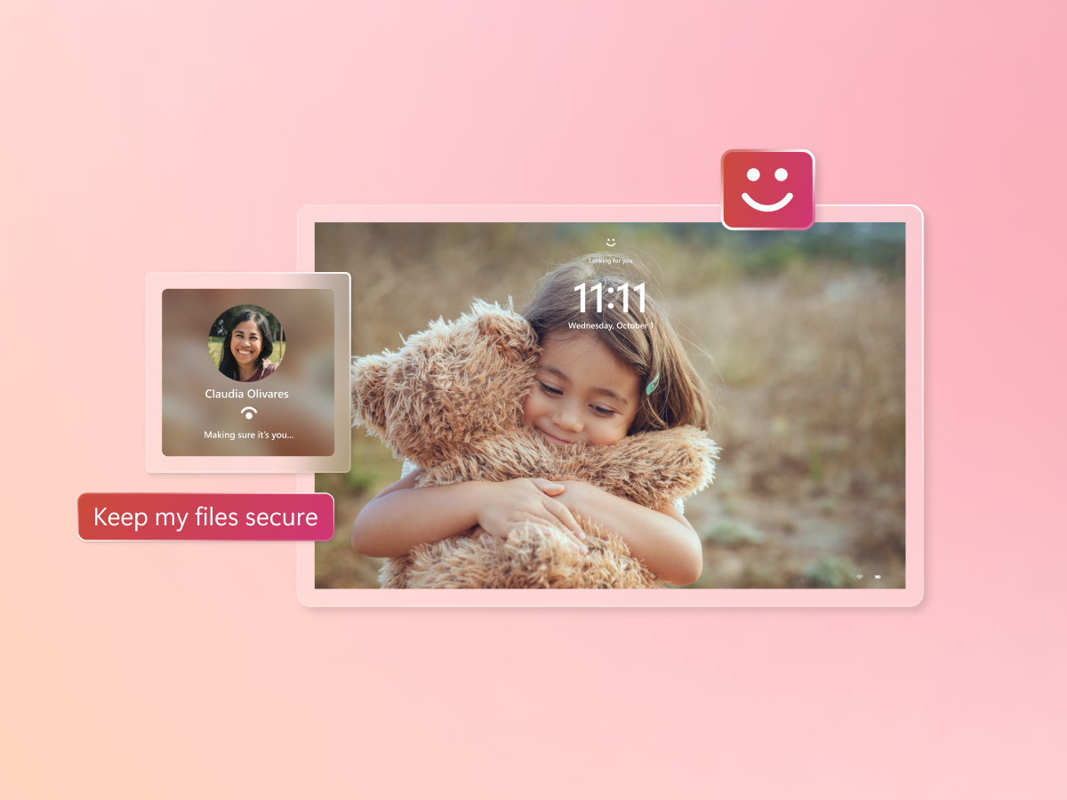 A child holding a bear on a login page with the Windows Hello icon and an image of the device owner