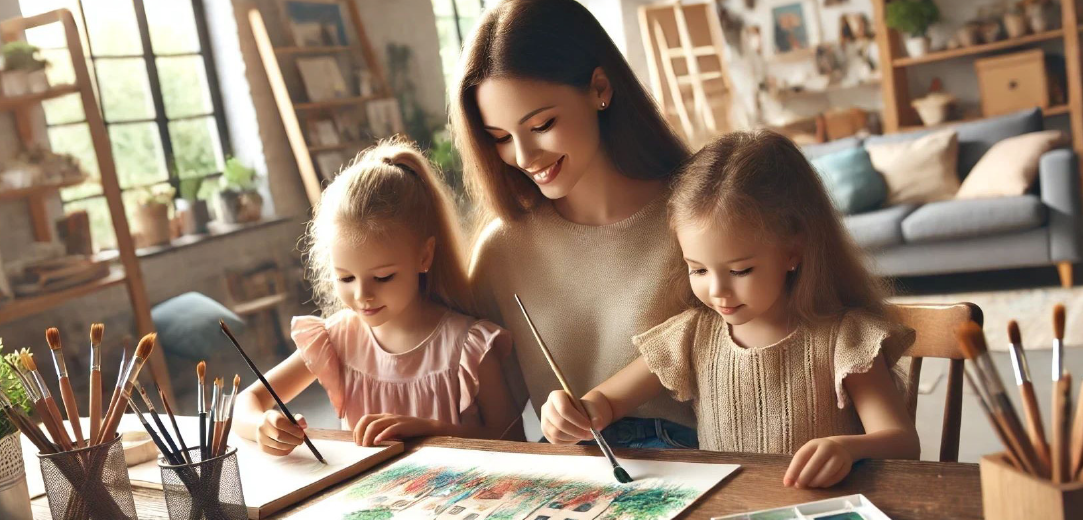 Mother and two daughters crafting together
