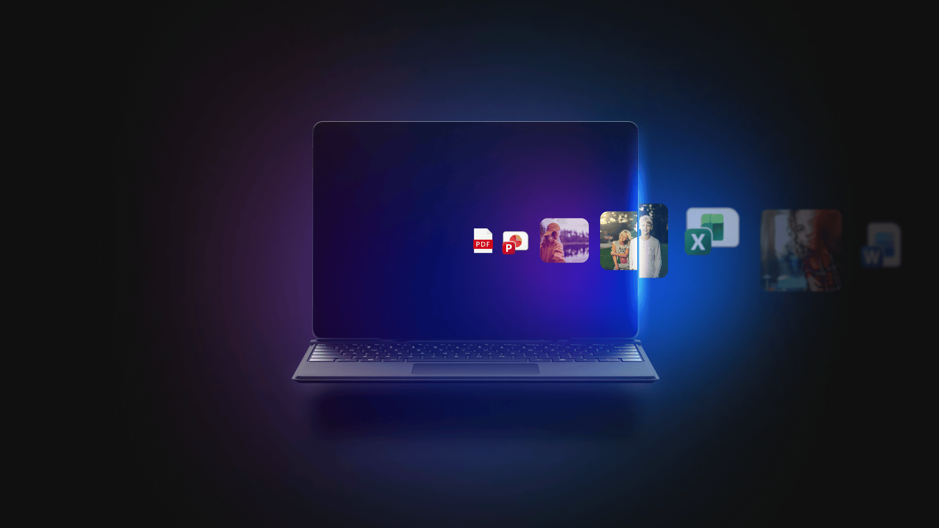 Open laptop with icons and images flowing out to the right on a dark background