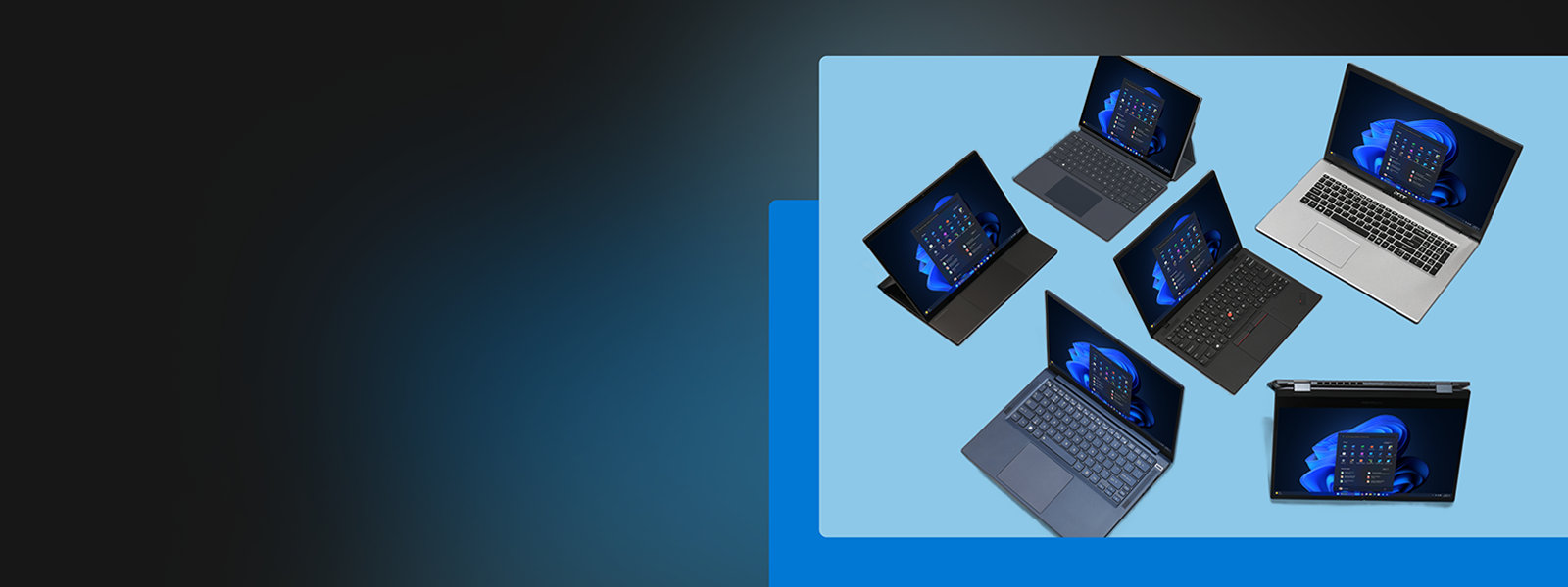 Windows 11 のスタート画面を表示している複数のノート PC と 2 in 1 のデバイス