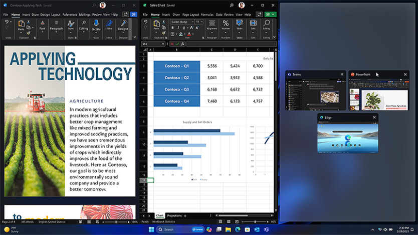 Multiple windows grouped on a desktop screen, and displaying on right side additional optional windows for grouping. 