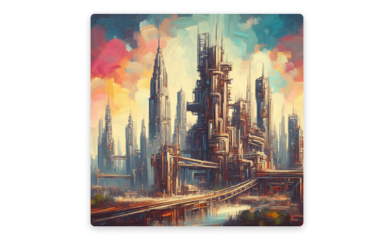 AI image of an oil painting of futuristic city architecture in front of colorful clouds