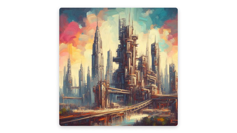 AI image of an oil painting of futuristic city architecture in front of colorful clouds