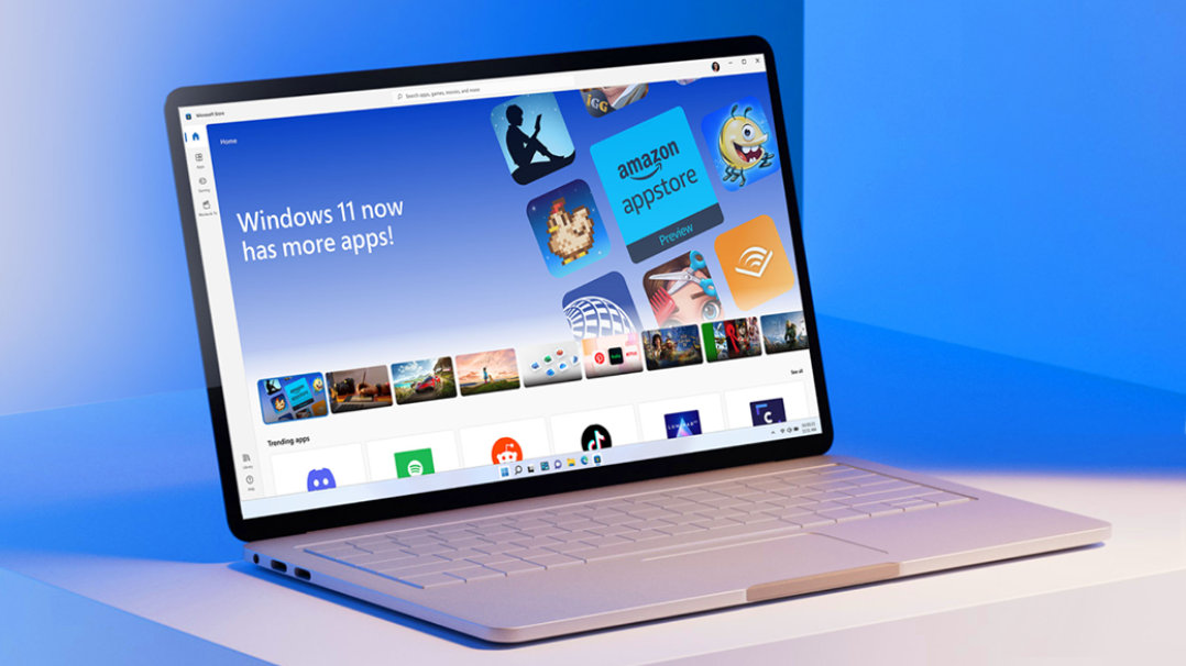Open Windows 11 laptop with Amazon Appstore Preview apps on monitor
