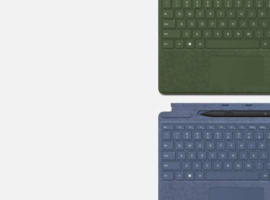 تظهر لوحة المفاتيح Type Cover المغطاة بنسيج Alcantara باللونين الأزرق الياقوتي وأخضر الغابات للتأكيد على دخول ألياف قصب السكر في صناعتها.