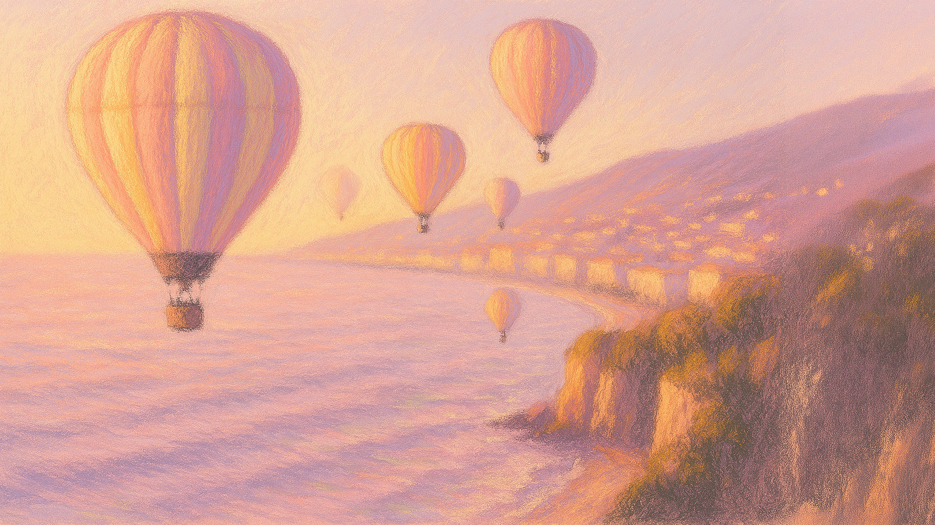 Pastel image of hot air balloons over the ocean