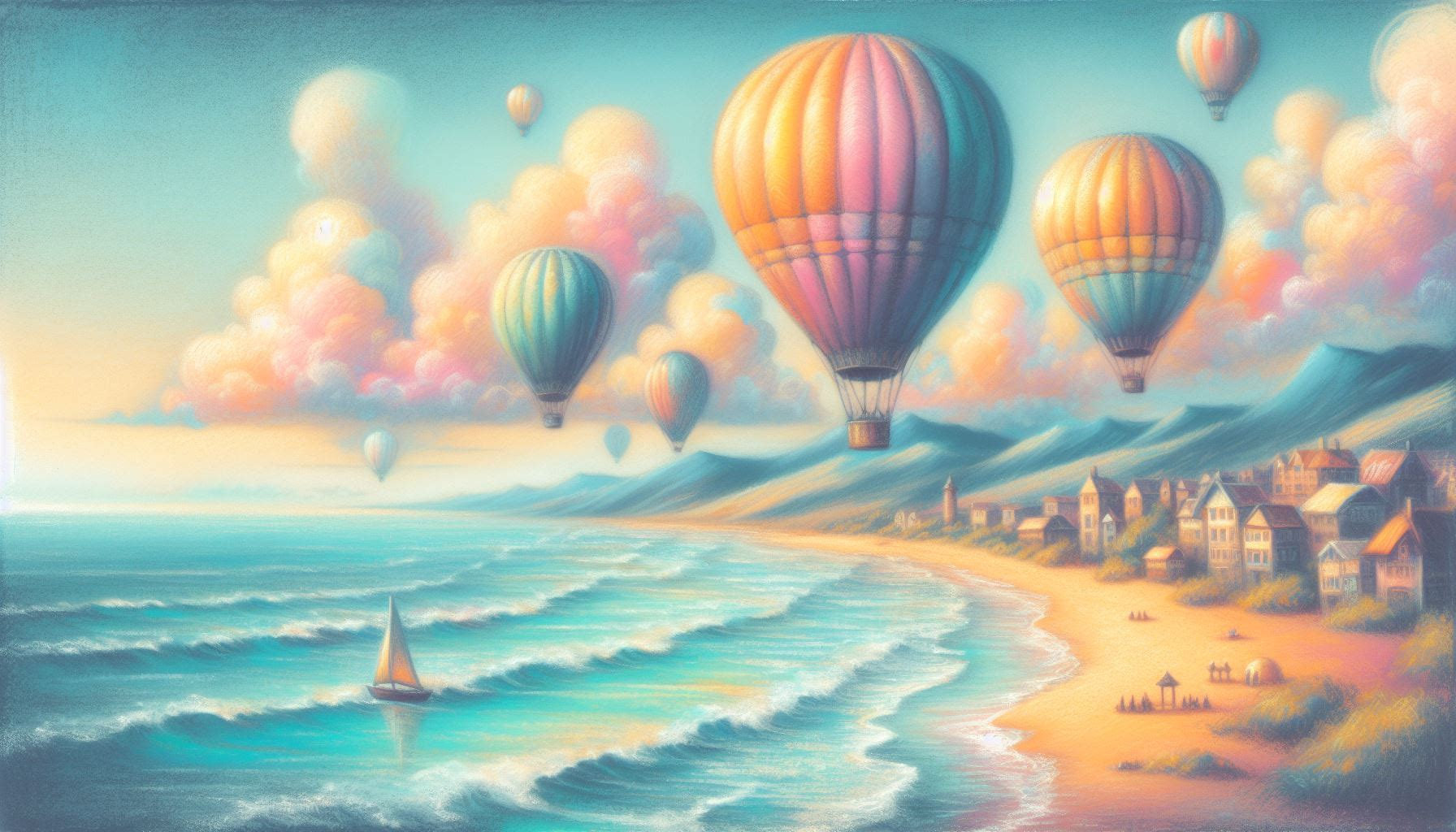 Pastel image of hot air balloons over the ocean