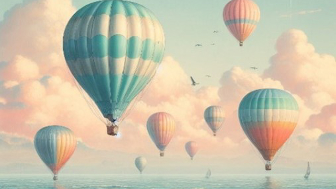 Pastel image of hot air balloons over the ocean