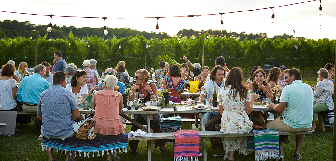 People having an outdoor picnic at a summer family reunion