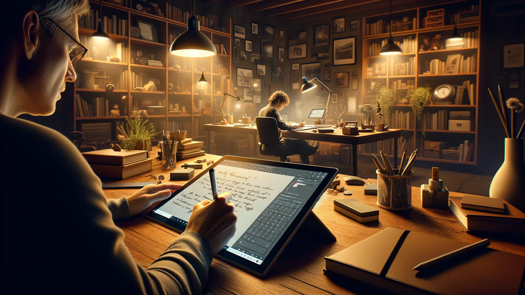 Person using a digital pen to handwrite notes on their Surface laptop in a home library