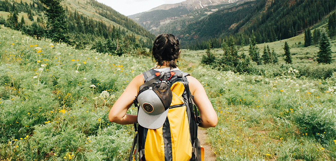 Person wearing a yellow and black backpack walking on a trail in the mountains surrounded by green plants