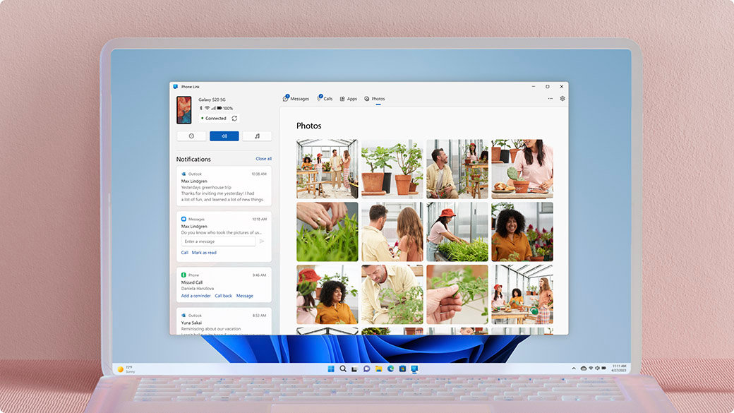 Smartphone-Link-Fenster mit Outlook-Benachrichtigungen und Fotos