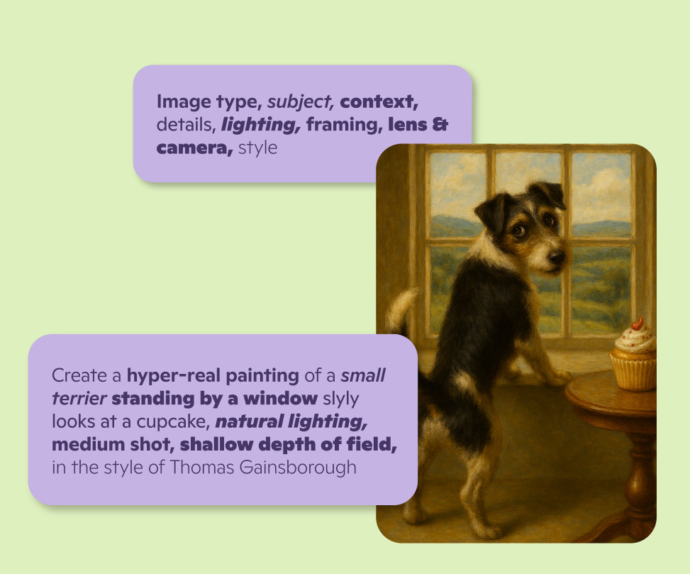Prompting an image - dog at window and cupcake in the style of historic artists