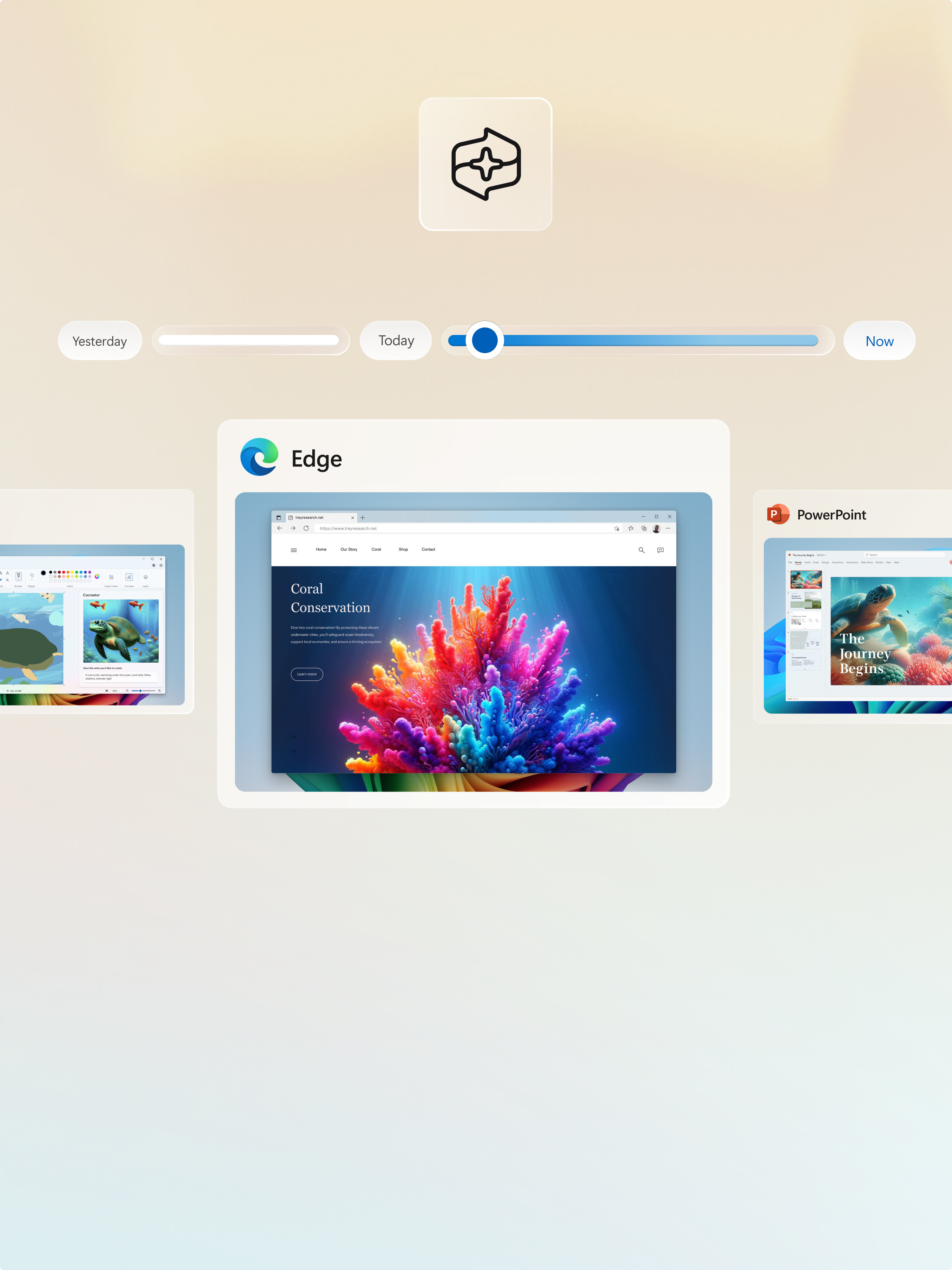A PowerPoint window and two Microsoft Edge windows