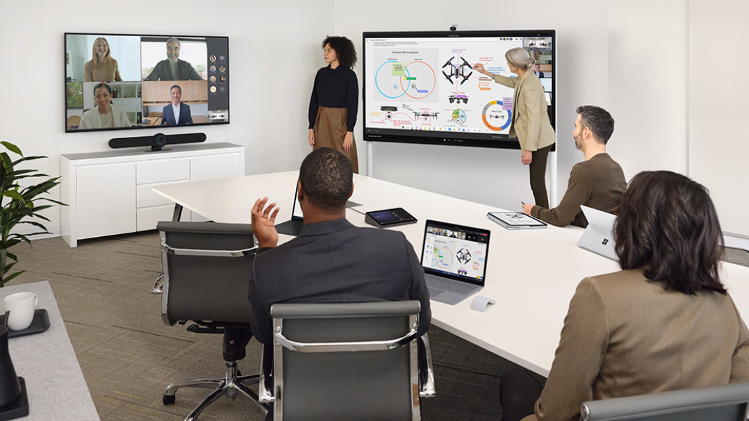 Remote and in-person groups use Microsoft Teams Rooms to participate in a meeting