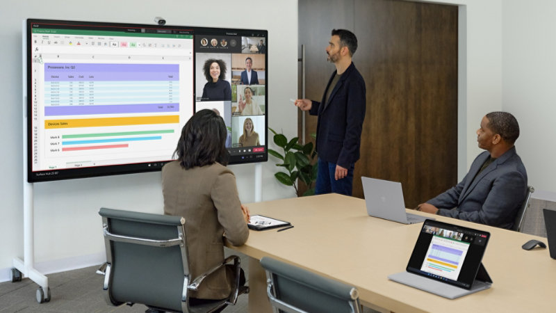 Remote-Teammitglieder und vor Ort anwesende Teammitglieder interagieren mit einem Microsoft Excel-Dokument in einem Teams-Anruf