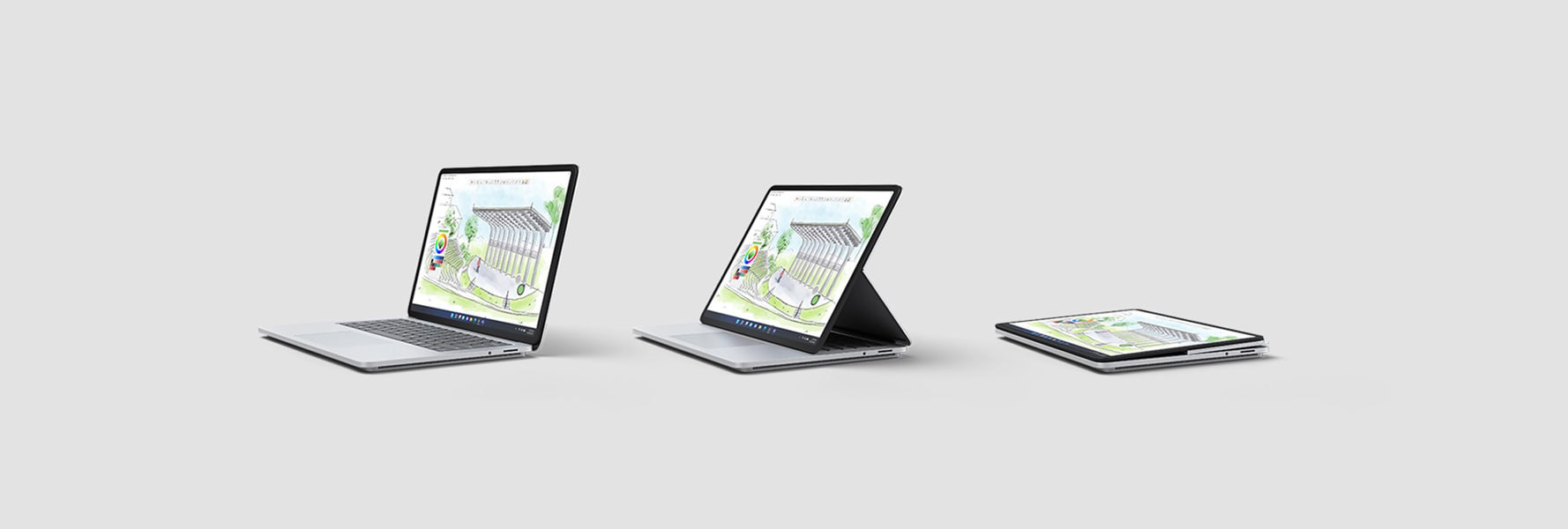 Render image showing Surface Laptop Studio in various modes
