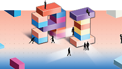 Abstract illustration of people interacting with colorful geometric block structures in a stylized environment.