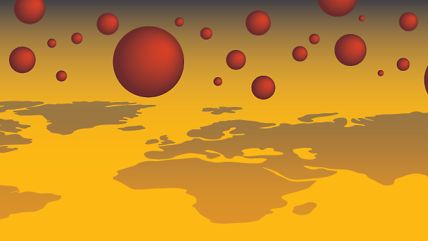 Illustrazione astratta di sfere rosse su una vista dorata stilizzata.