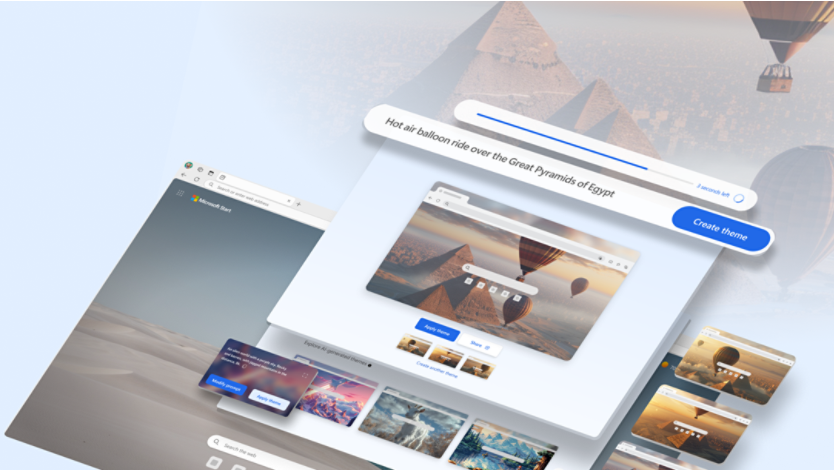 Screen layouts showing hot air ballons flying over Egyptian pyramids as AI generates browser themes to match