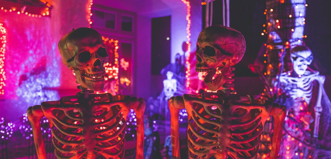  Several skeletons with red stringed lights hung all around the room