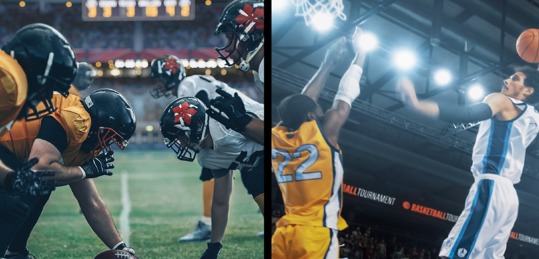 Side by side image of a basketball game and a football game